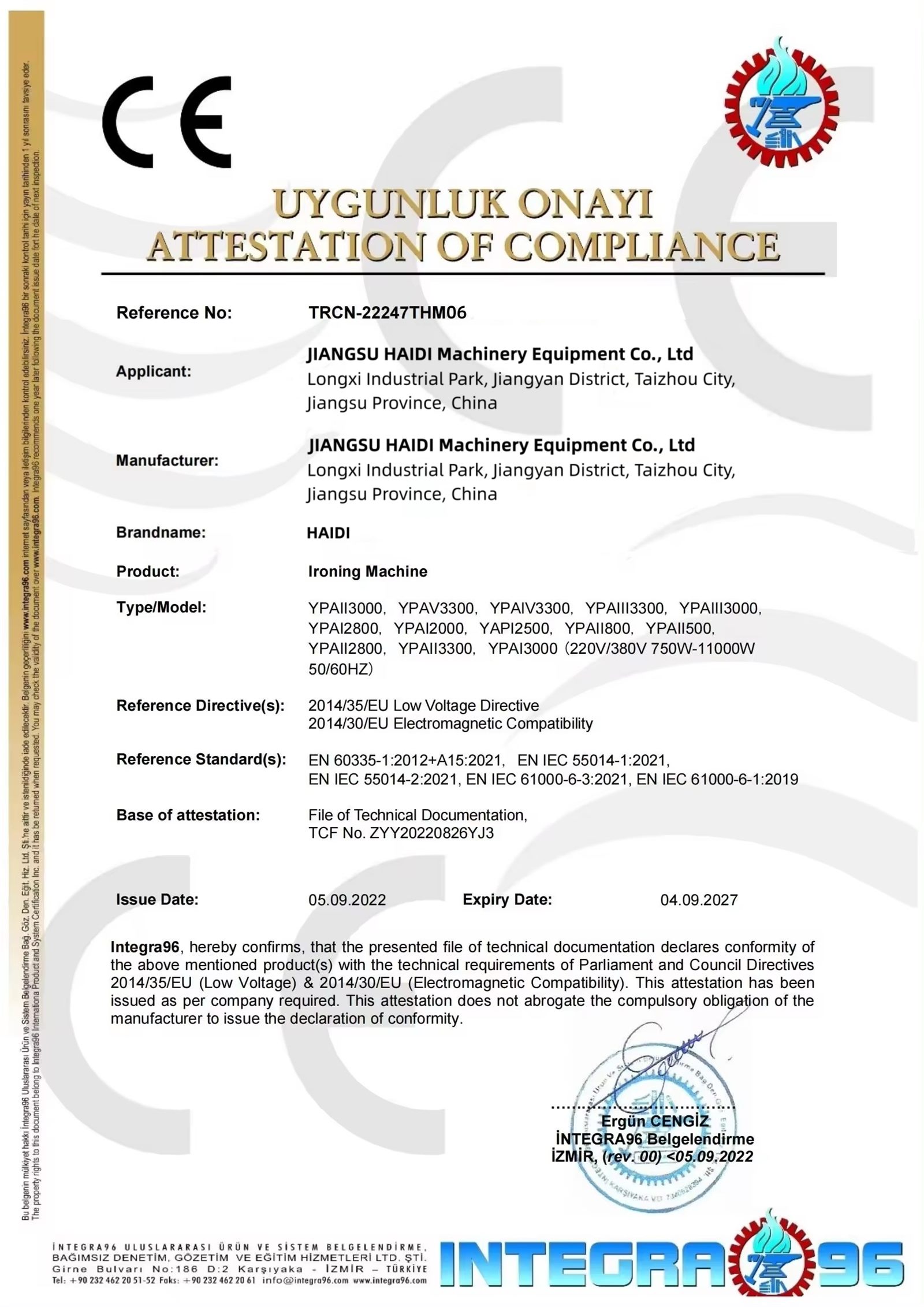 CE certificate sample