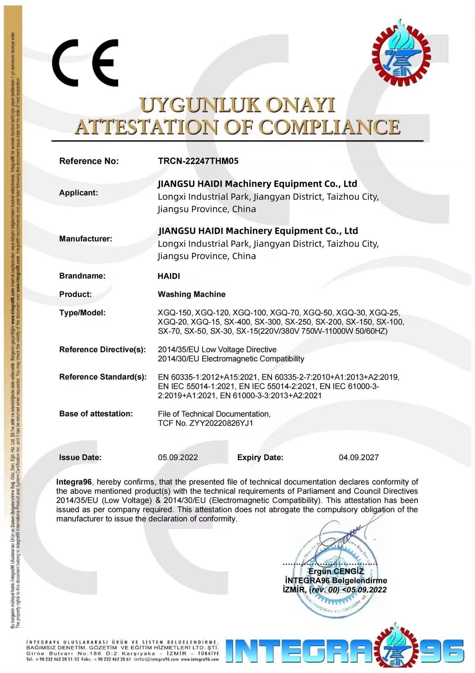 CE certificate document