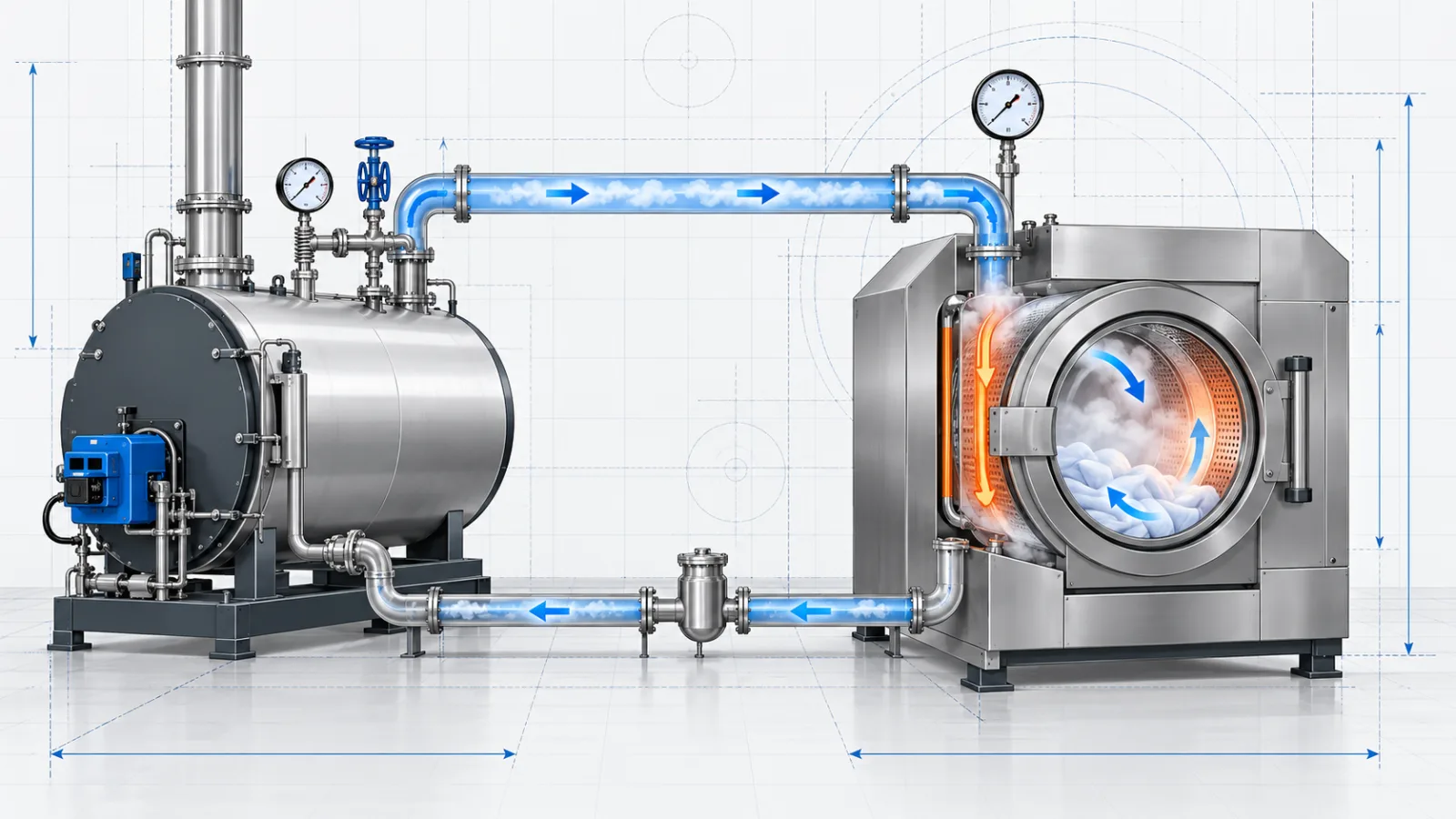 Industrial laundry steam consumption calculation showing boiler supply, machine demand, condensate return, and heat loss