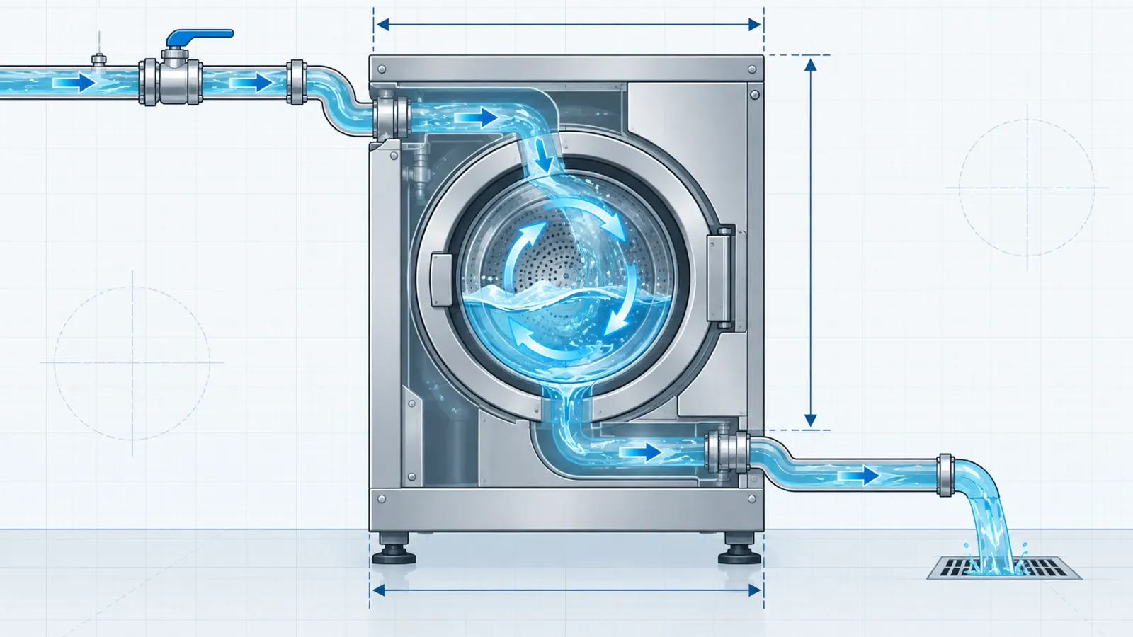 Industrial laundry water consumption calculation worksheet with washer capacity, cycle water, and daily batch inputs